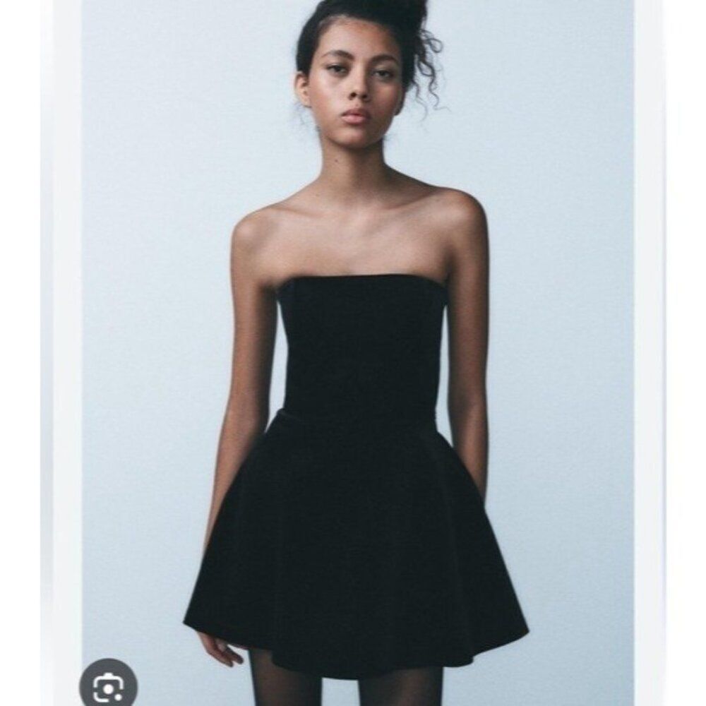 Zara Womens Mini Dress 2XL Black Velvet Strapless Fit & Flare Party 4772/231 NWT